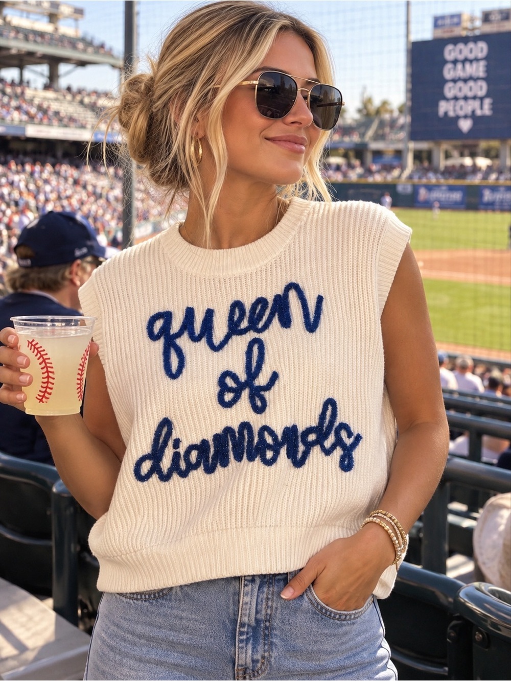 QUEEN OF SPARKLES Cream Knit Sleeveless Sweater with Blue Script